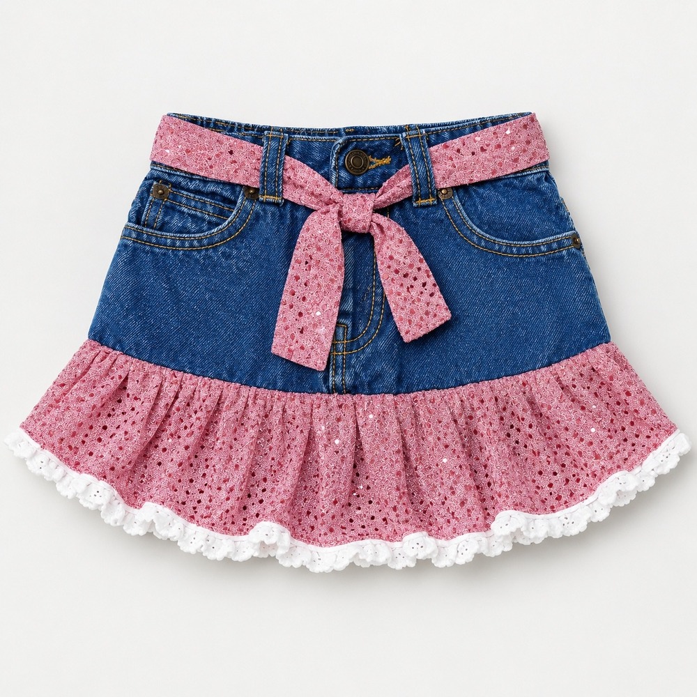 Kiddie Korral Girls Blue Denim Pink Sequined Eyelet Ruffle Bow Skirt Size 4